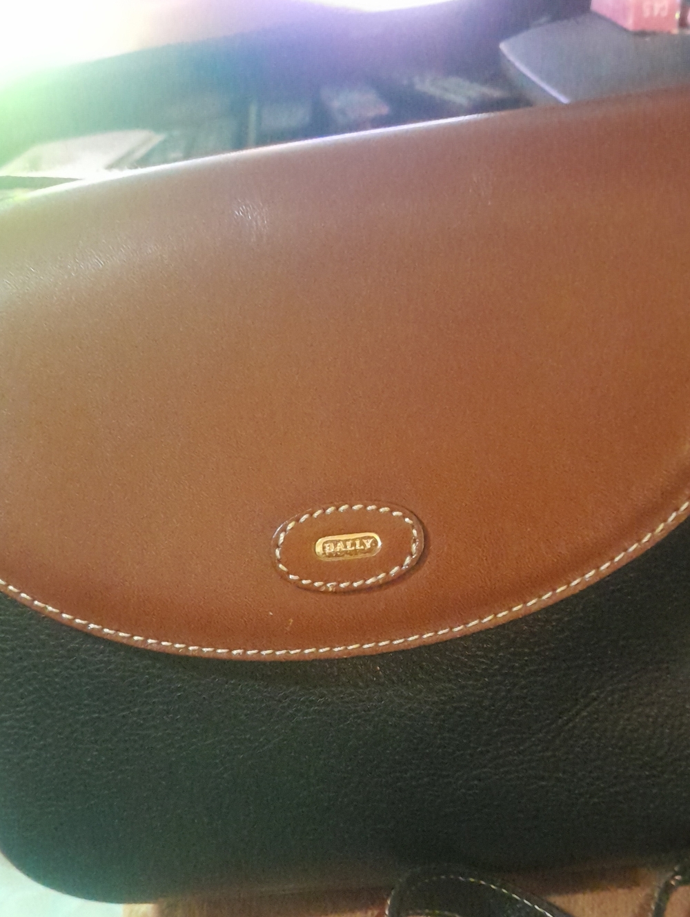 Bally Two-Tone Messenger Bag in Brown and Black Leather.  About 9" wide, 7" long